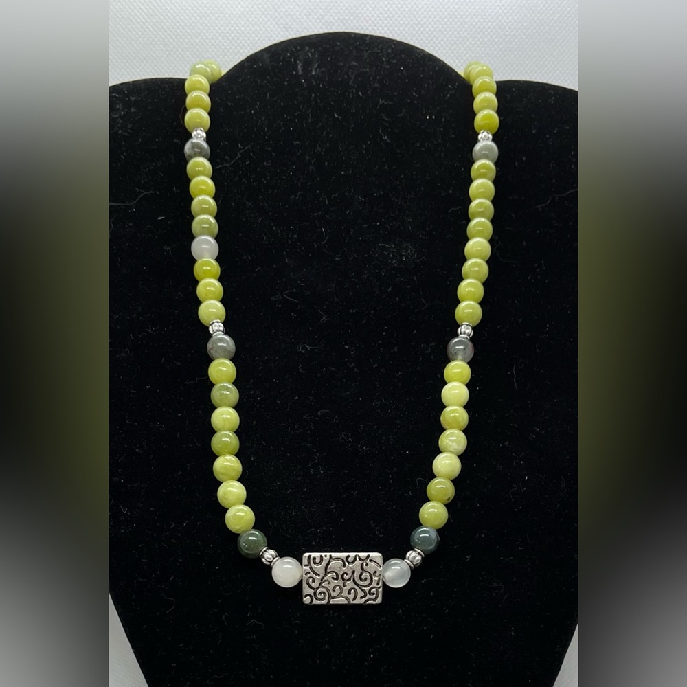 Green, White Jade, Moss Agate Half Mala
